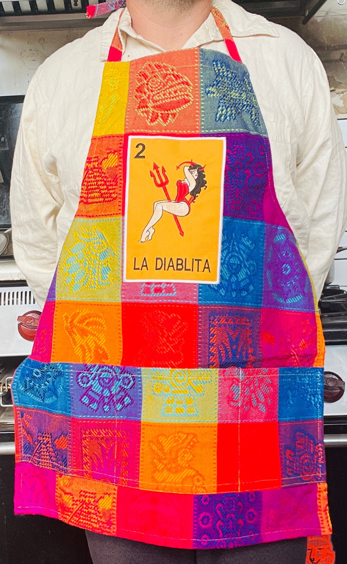 Image of La Diablita Loteria Sarape Unisex Apron with Pocket