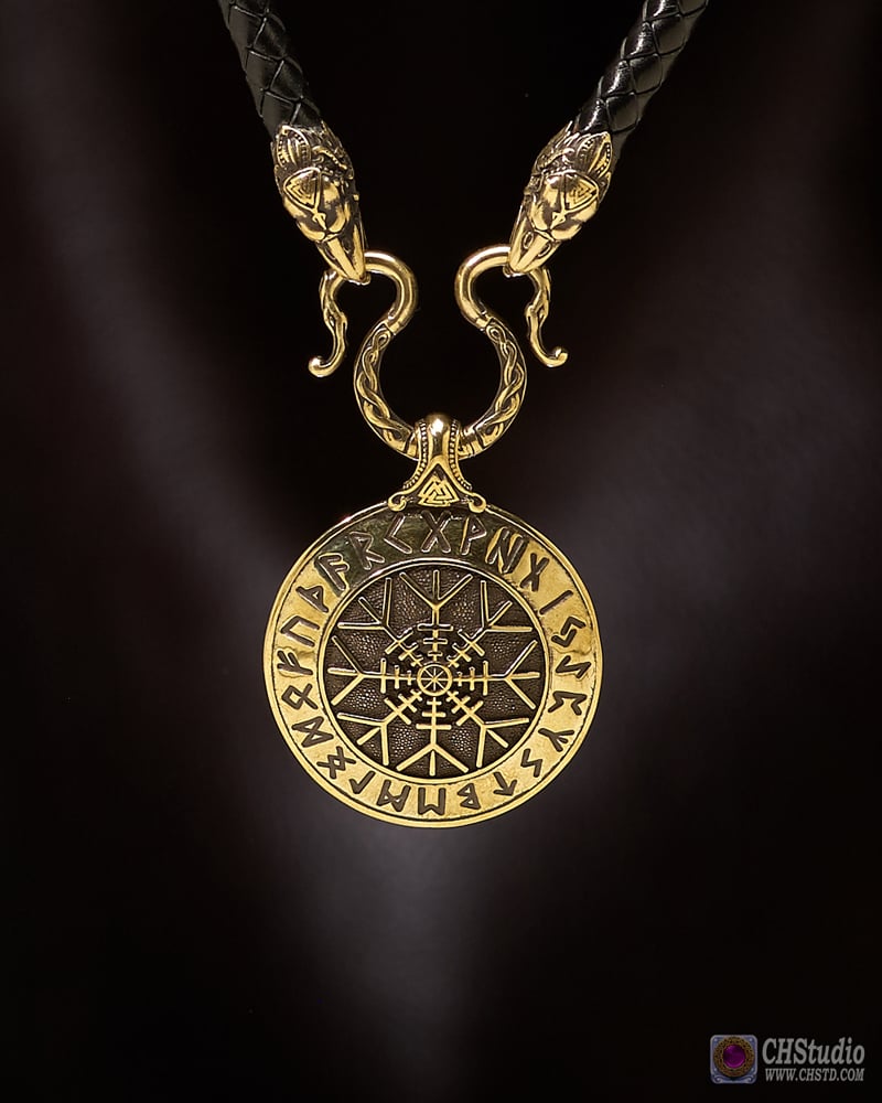 Aegishjalmur - Helm of Awe with Futhark Runes :: Leather Necklace