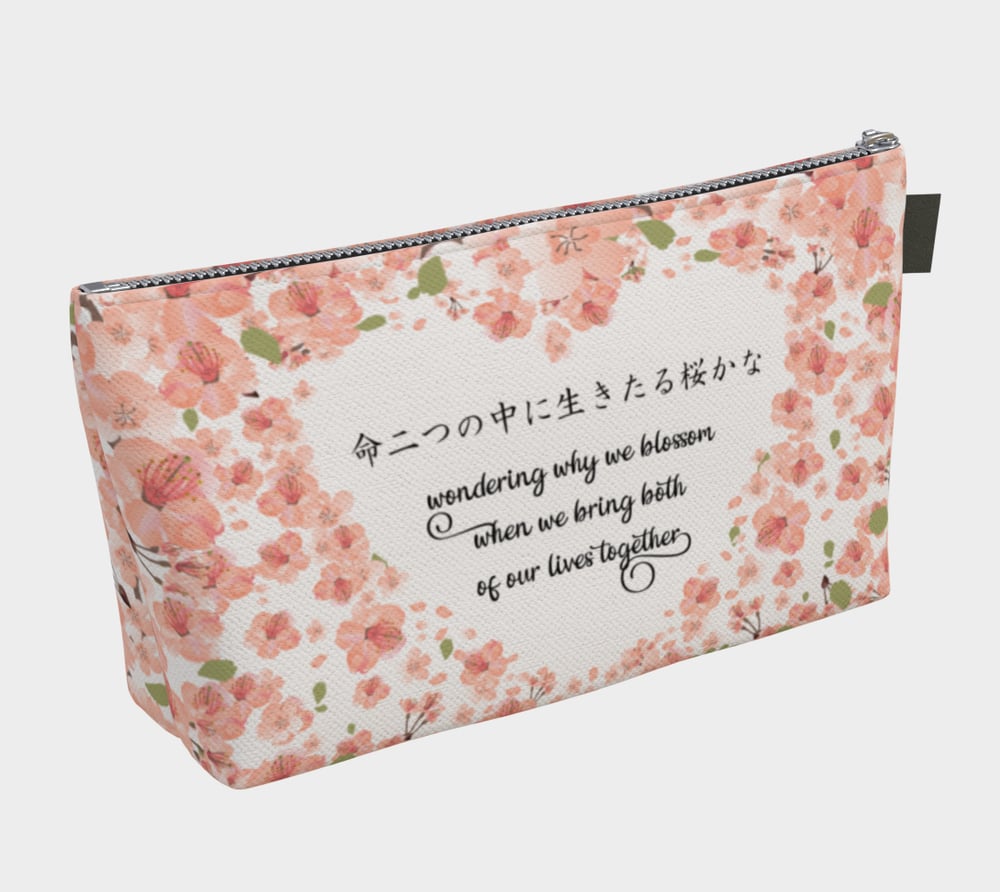 Image of White Cherry Blossom Pattern Makeup Bag with Matsuo Basho's Poem