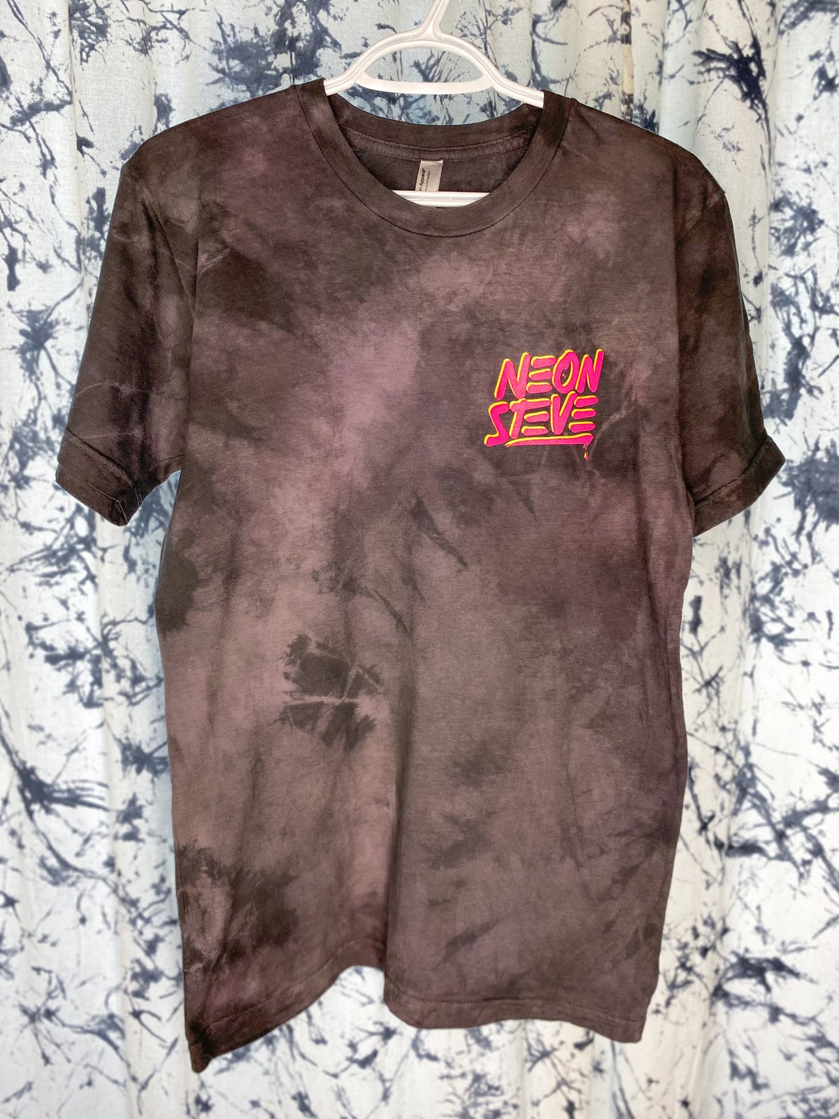 Image of Black/Grey Tie-dye T-Shirt with Pink/Yellow Neon Steve Logo