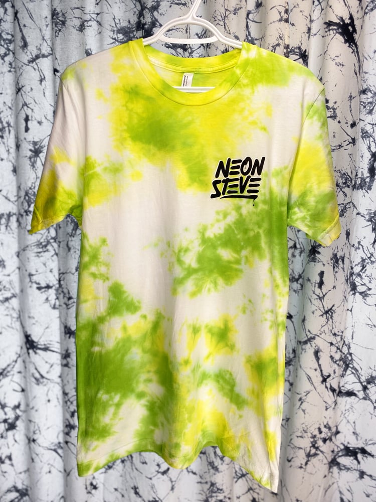 Image of Green/Yellow Tie-dye T-Shirt with Black/White Neon Steve Logo
