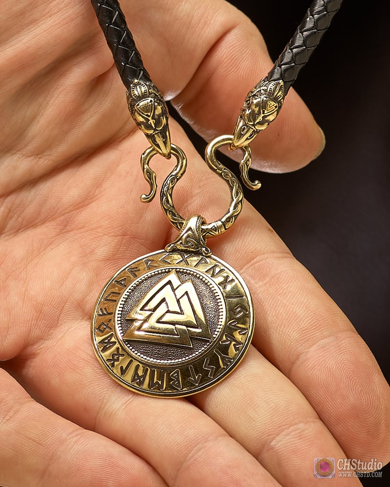 Valknut with Futhark Runes :: Leather Necklace