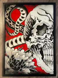 Image of Skull,snake and flowers PRINT