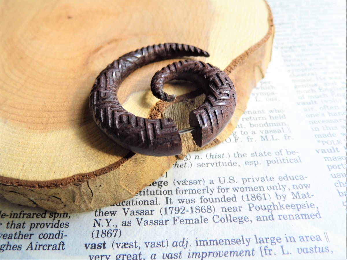 Large Carved Spiral Earring Faux Gauge