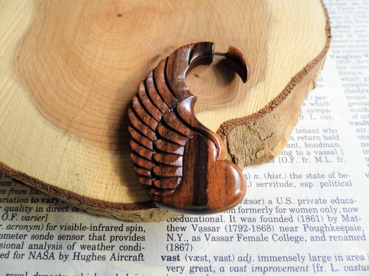 Organic Wood Earring Heart  Wings Wearable Art