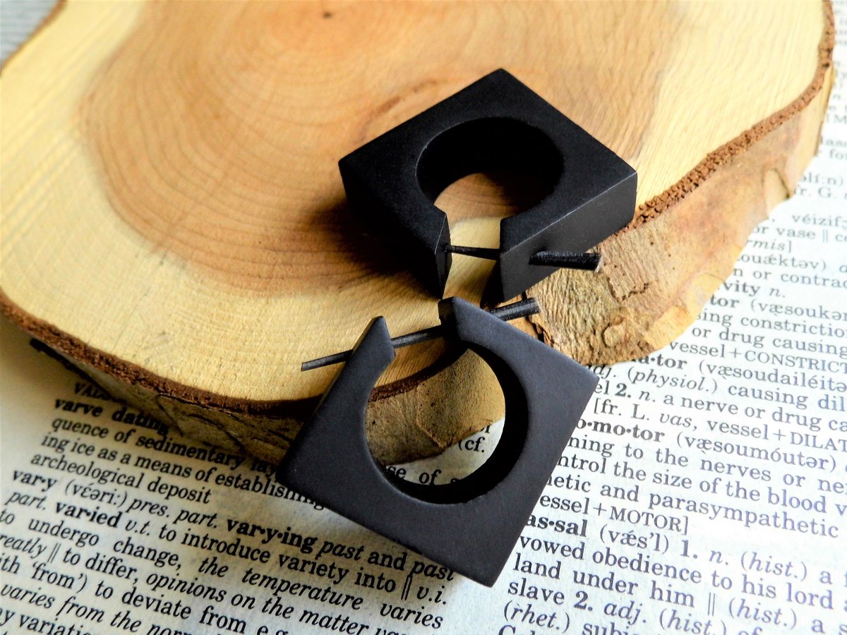 Black Wood Square Cube Hoop Earrings