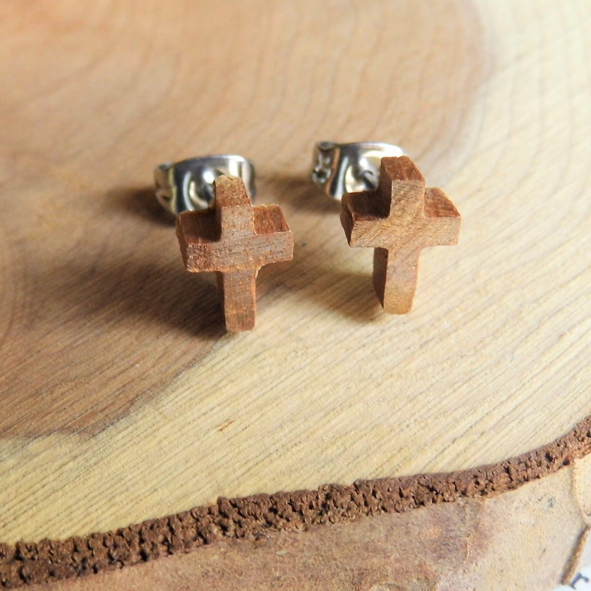 Tiny Light Wood Cross Crucifix Studs Earrings