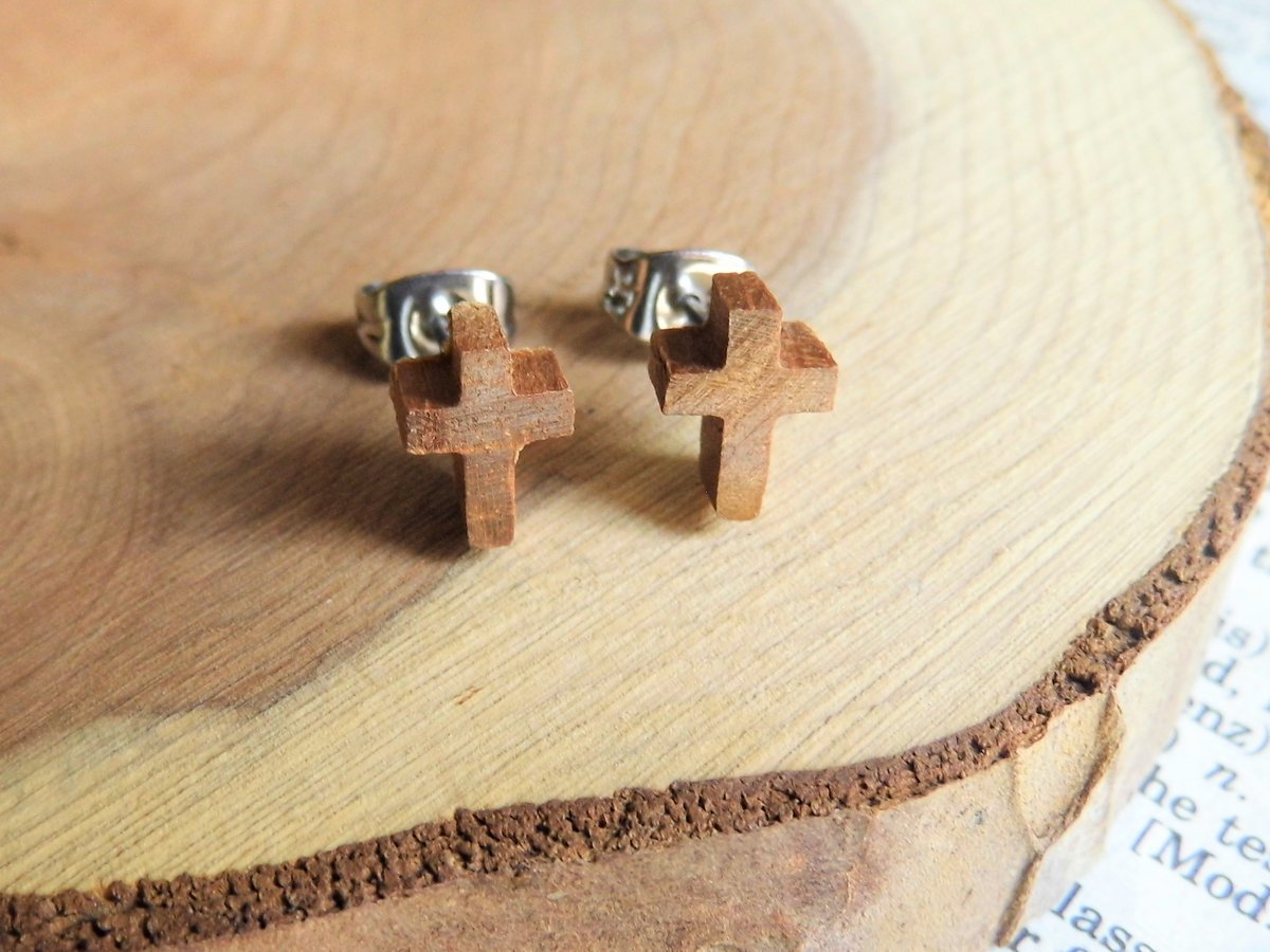 Tiny Light Wood Cross Crucifix Studs Earrings