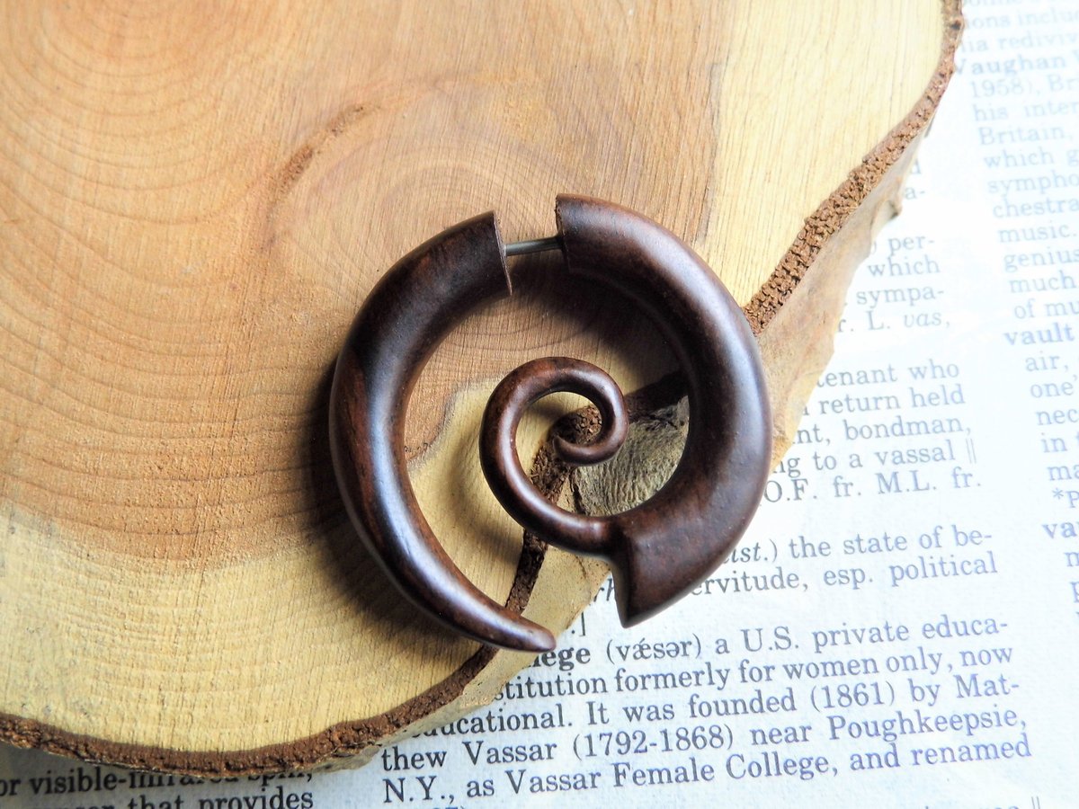 Unisex Small Wooden Spiral Crescent Earring