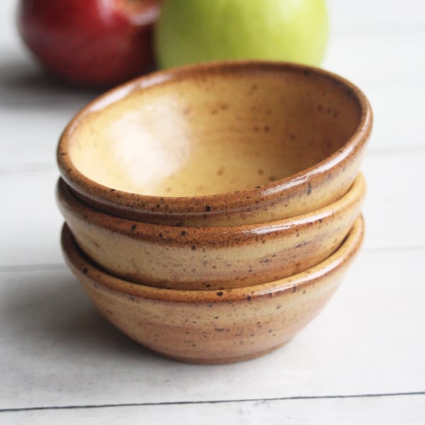 Image of Set of Three Rustic Golden Ocher Speckled Stoneware Prep Bowls Made in USA