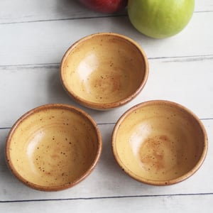 Image of Set of Three Rustic Golden Ocher Speckled Stoneware Prep Bowls Made in USA