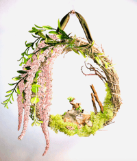 Sticks n'Stones Elf Wreath: Bamboo, Polymer Clay, Amaranthus Foliage, Moss, Copper