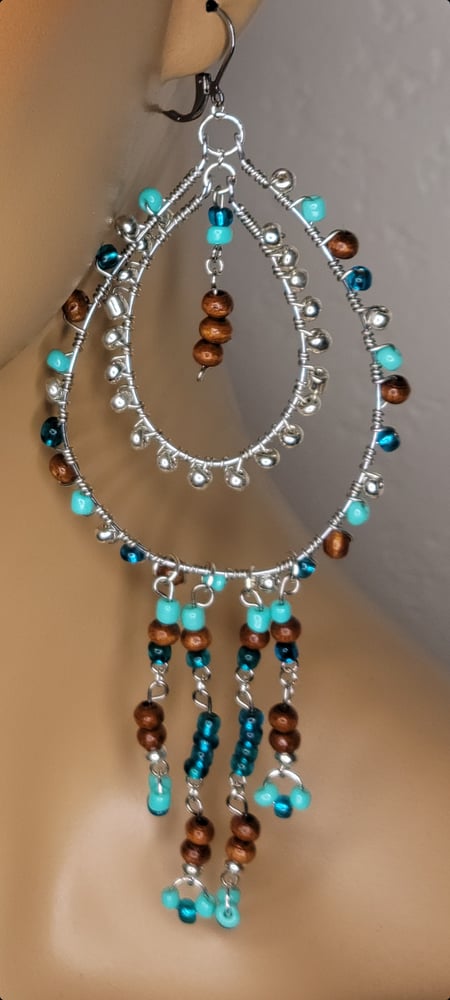 Image of Bohemian Teal Chandelier Hoop Earrings 