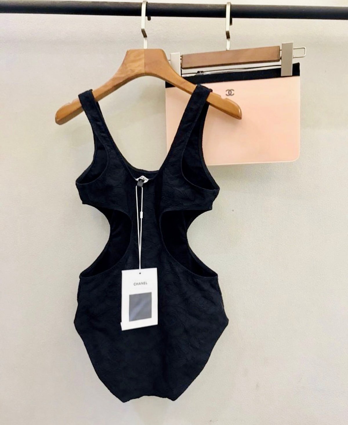 Image of Chanel Black 2021 Cruise Camellia Swimsuit Body One-piece W/pink carry pouch