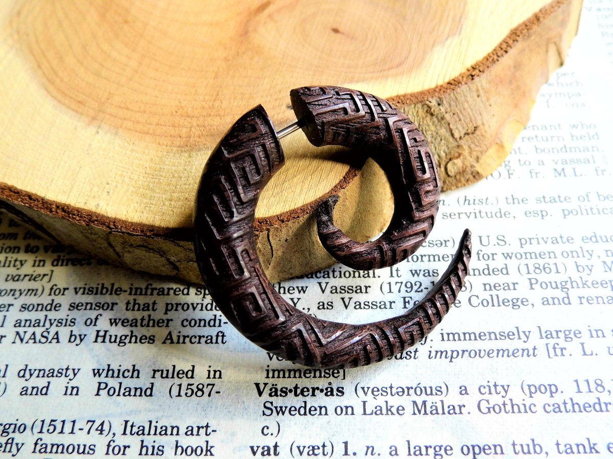 Large Carved Spiral Earring Faux Gauge
