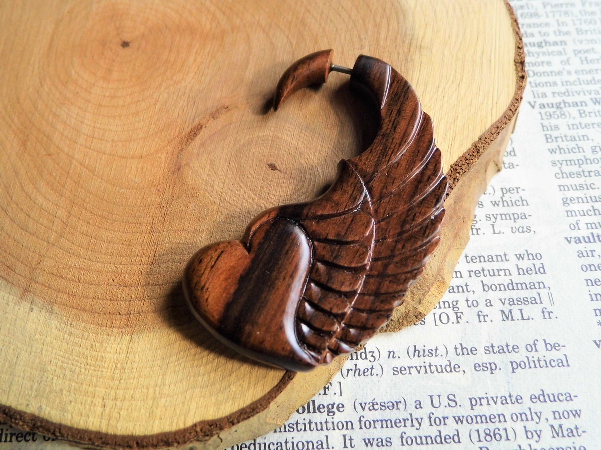 Organic Wood Earring Heart  Wings Wearable Art