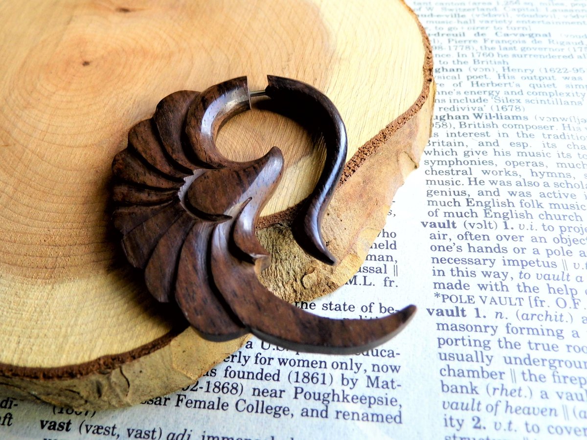 Unisex Angel Wings Wood Organic Earring Faux Gauge