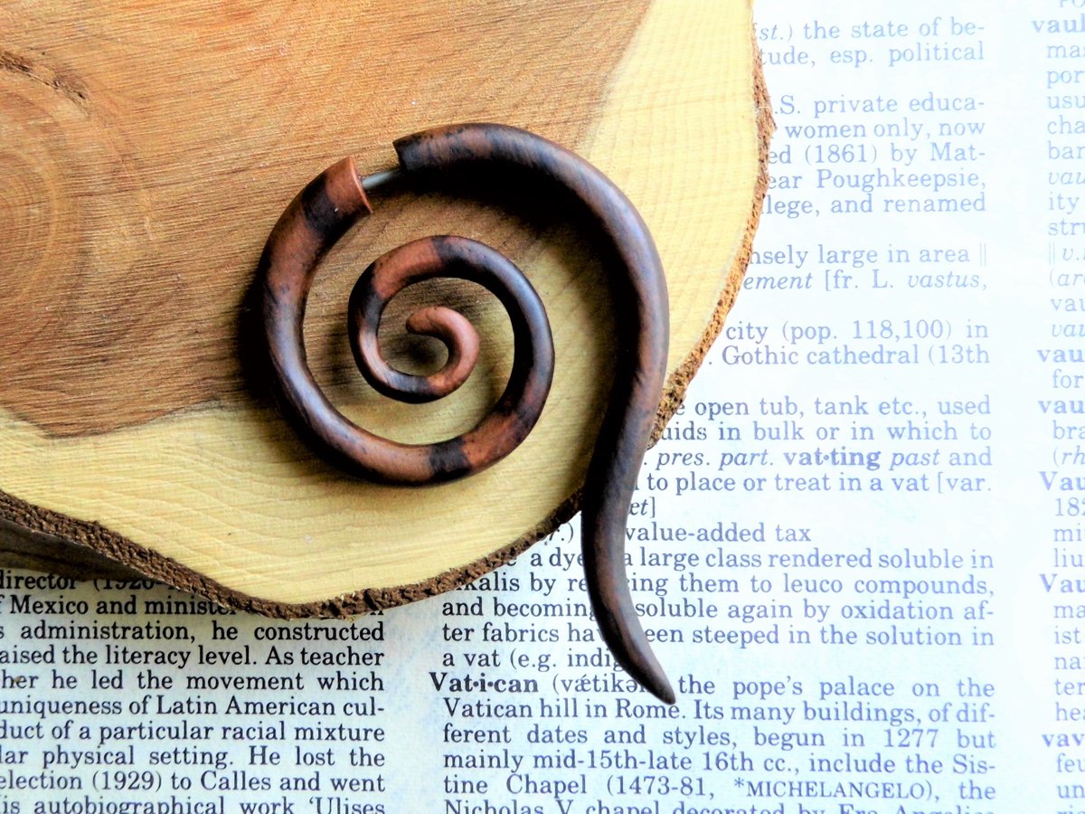 Large Wooden Earring Spiral Single Faux Gauge