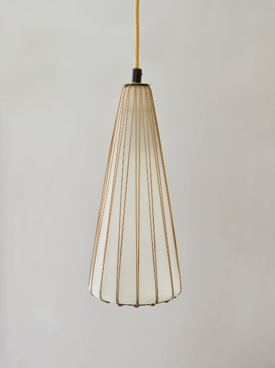Image of Glass Pendant Light with Rattan & Brass Details by Idman, Finland