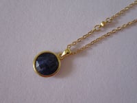 Image 2 of Kate Middleton Duchess of Cambridge Inspired Replikate Yellow Gold Round Disc Blue Sodalite Necklace
