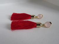 Image 1 of Meghan Markle Duchess of Sussex Inspired Red Silky Tassel And Frosted Pink Yellow Gold Earrings