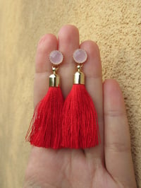 Image 2 of Meghan Markle Duchess of Sussex Inspired Red Silky Tassel And Frosted Pink Yellow Gold Earrings