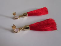 Image 4 of Meghan Markle Duchess of Sussex Inspired Red Silky Tassel And Frosted Pink Yellow Gold Earrings