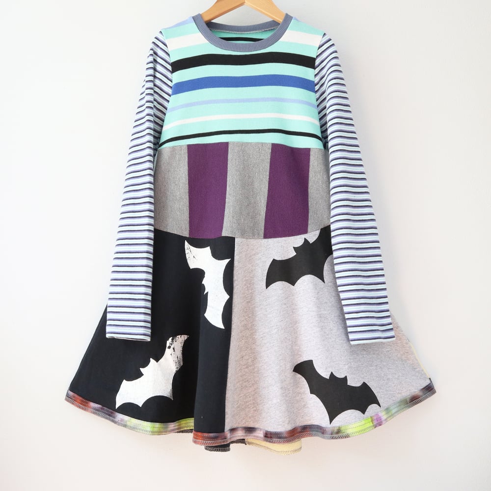 Image of batty superstripe 6/7 courtneycourtney longsleeve sleeved twirl dress twirly stripe halloween 