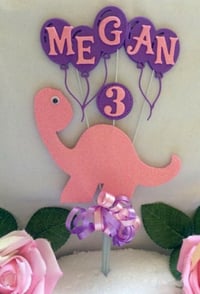 Image 2 of Personalised Dino Cake Topper, ANY AGE Dinosaur Cake Topper, Glitter Dino Topper