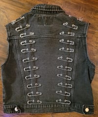 Image 2 of Black denim safety pin battle vest custom ooak piece