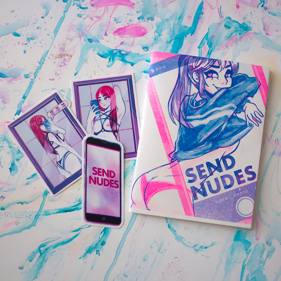 [RESTOCK!!] 2 color Risograph zine + sticker set: Send Nudes