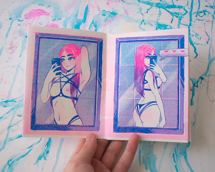 [RESTOCK!!] 2 color Risograph zine + sticker set: Send Nudes