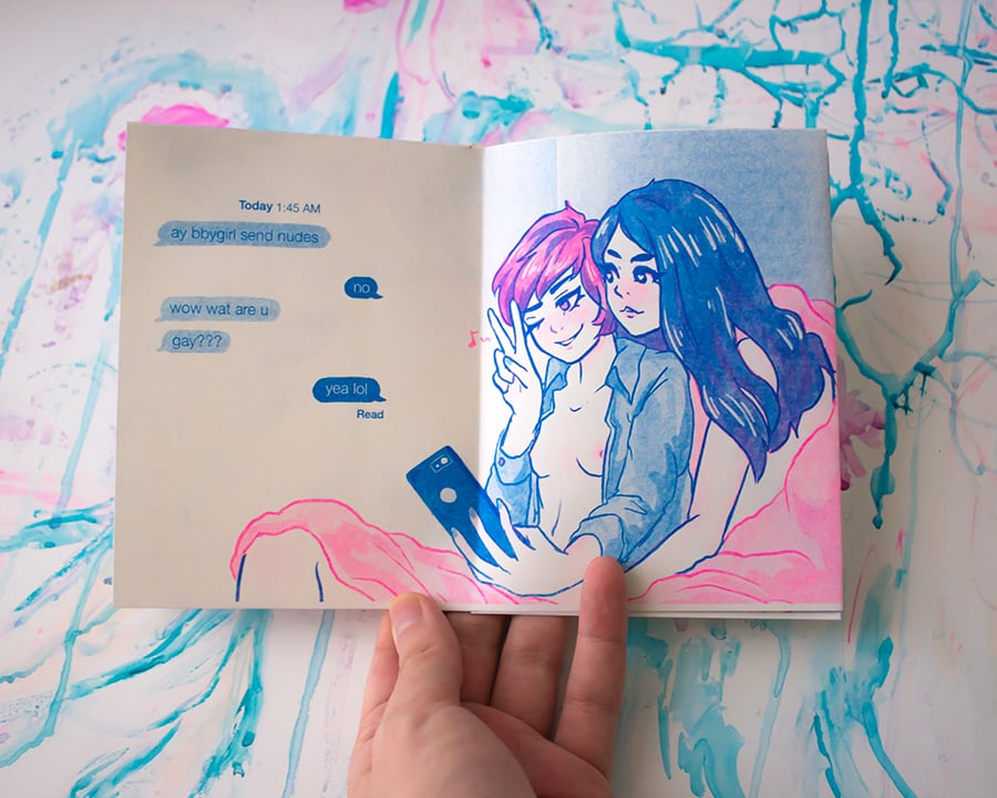 [RESTOCK!!] 2 color Risograph zine + sticker set: Send Nudes