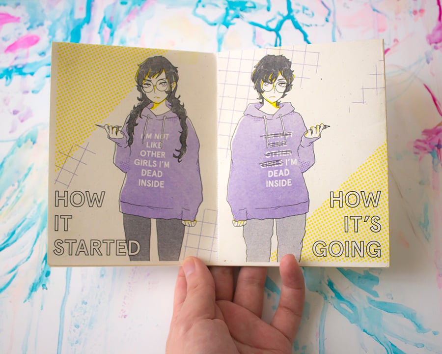 3 color Risograph zine + sticker set: Gender Apathy 