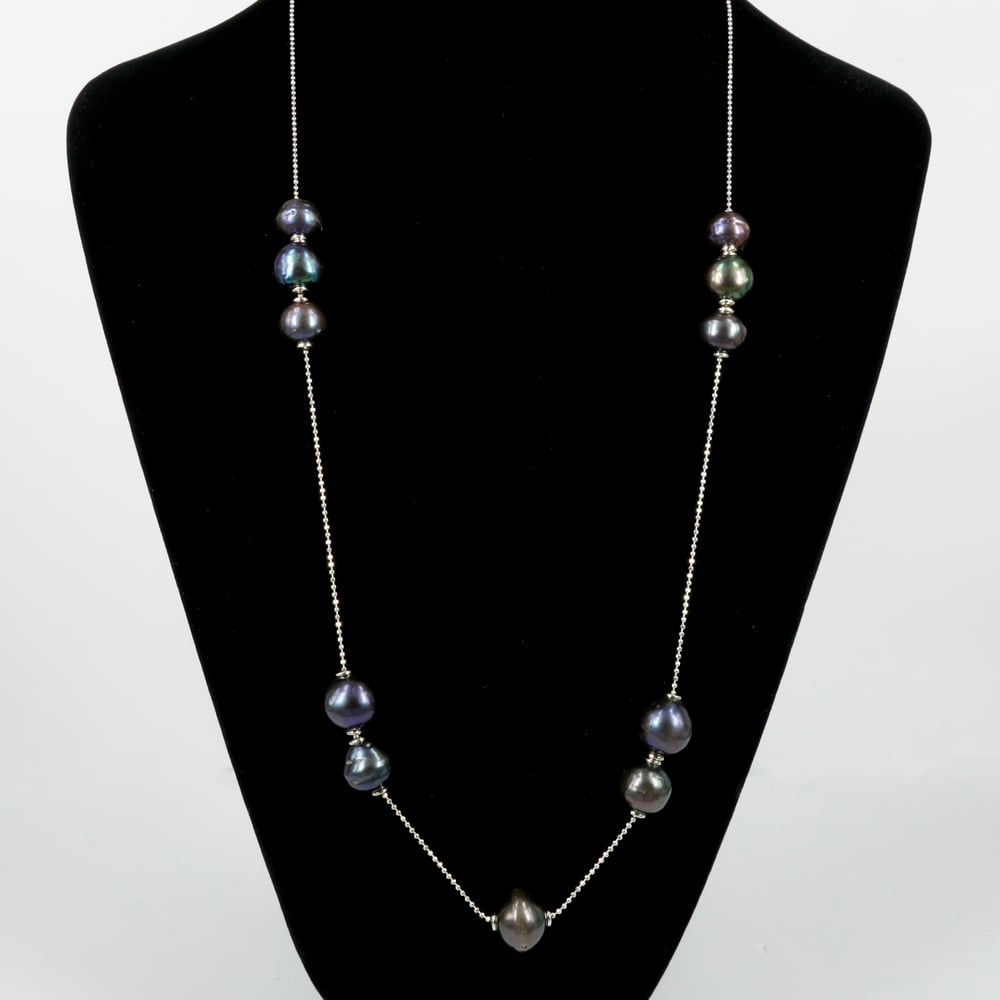 Image of Sterling silver necklace with adjustable black fresh water pearls. M3227