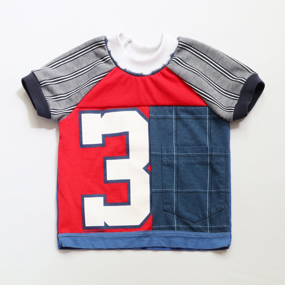 Image of pocket blue red three 3T patchwork mix birthday 3 3rd third bday sleeve short tee top shirt boys