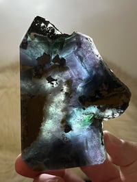Image 1 of Blue, Green, Purple Fluorite With Pyrite Inclusions Polished Tower #2829