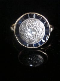 Image 1 of ART DECO FRENCH 18CT YELLOW GOLD SAPPHIRE ROSE CUT DIAMOND HALO PLAQUE RING