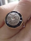 ART DECO FRENCH 18CT YELLOW GOLD SAPPHIRE ROSE CUT DIAMOND HALO PLAQUE RING