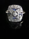 ART DECO 18CT YELLOW GOLD SAPPHIRE ROSE CUT DIAMOND HALO PLAQUE RING