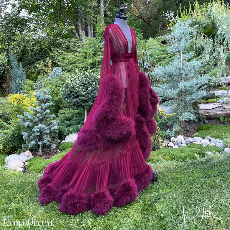 Image of "Cassandra" Merlot Marabou Dressing Gown 