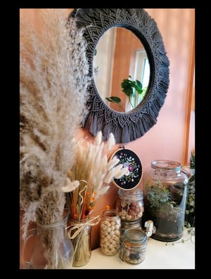 Macramé mandala mirror in charcoal