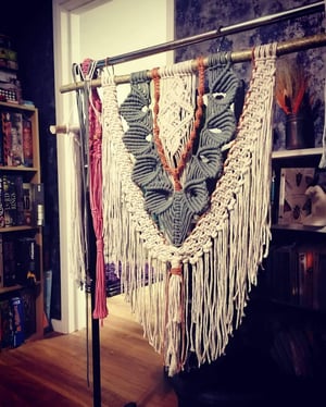 Large petal macramé wallhanging in laurel and terracotta