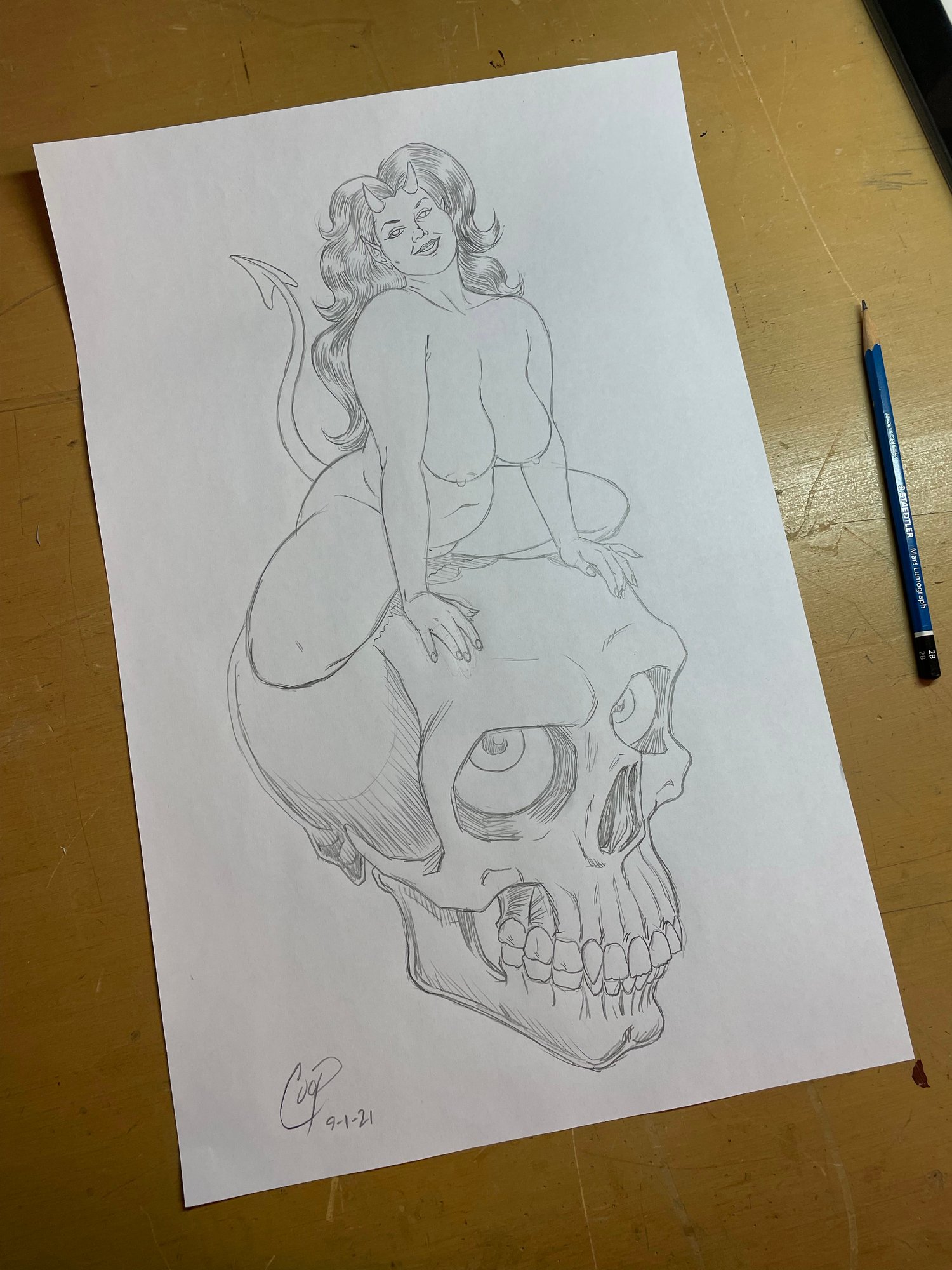Image of DEVIL GIRL ON SKULL Original Sketch