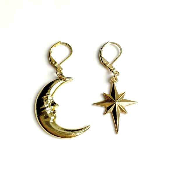 Image of The Lovers - moon and star gold earrings