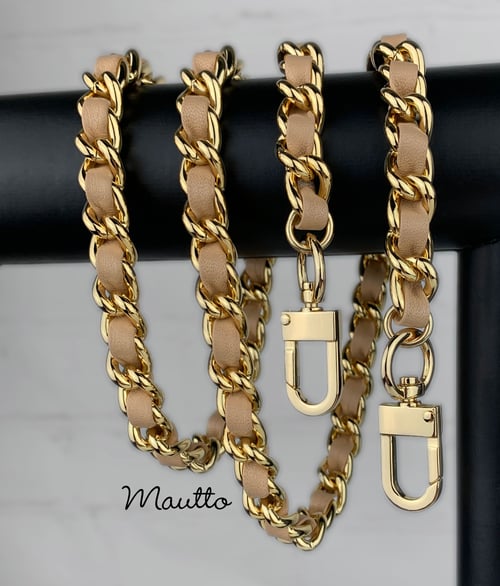 Image of Large Classic GOLD Chain Strap with Leather Woven by Hand - 1/2 inch (12mm) Wide - 12 Leather Colors