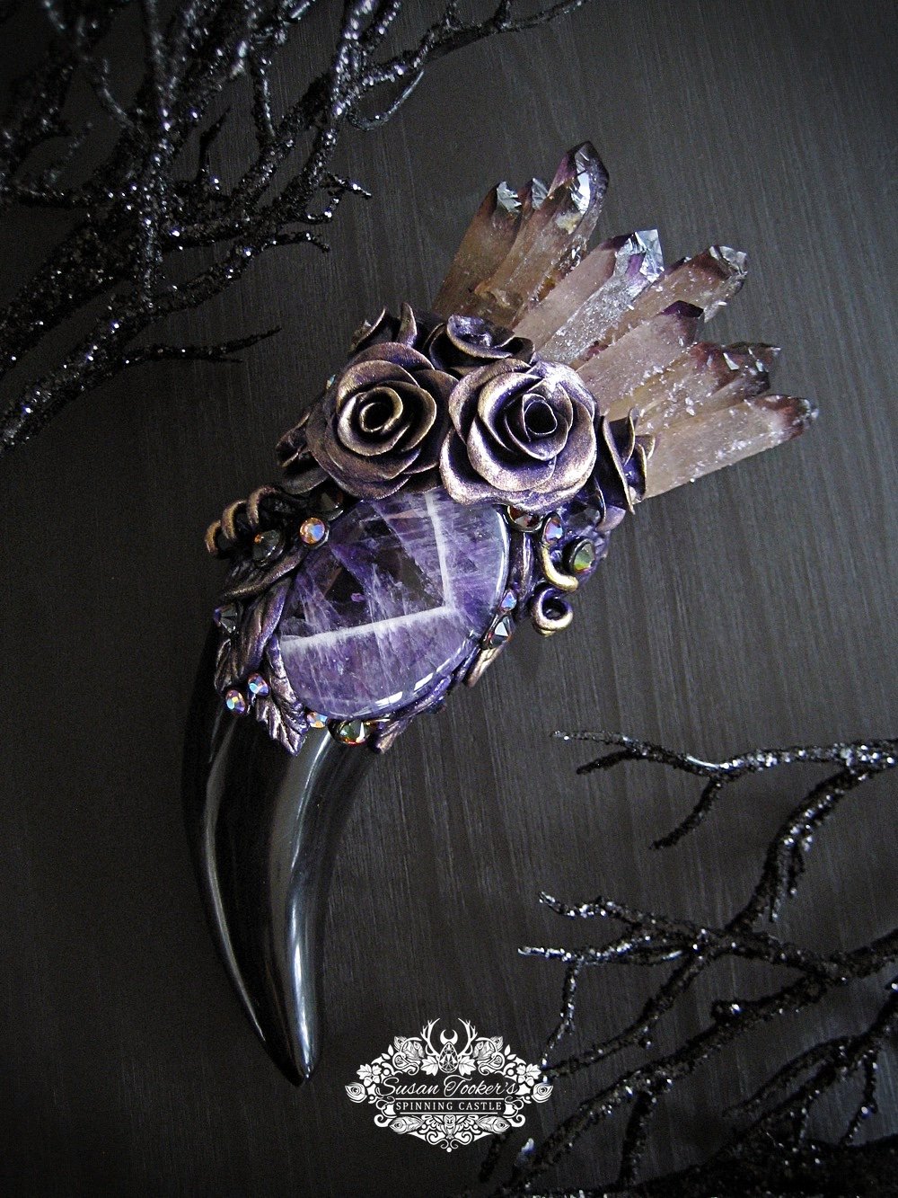 Image of FLOWER FAERIE - Purple Phantom Quartz Crystal Bouquet Wand Amethyst Horn Witchcraft Altar Art