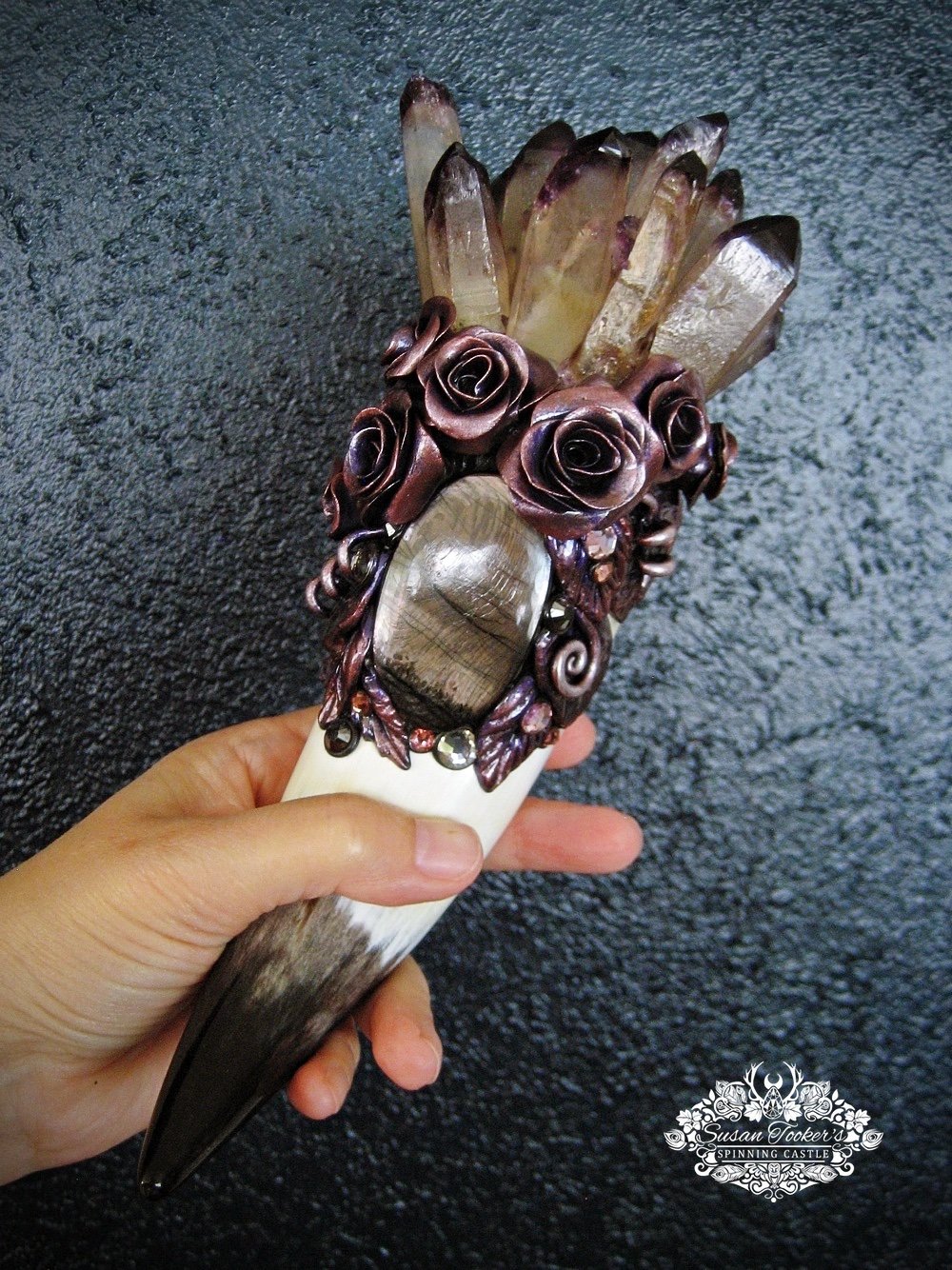 Image of VIOLET ROSE FAE - Purple Phantom Quartz Crystal Bouquet Wand Hypersthene Witchcraft Altar Art