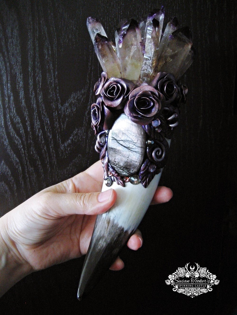 Image of VIOLET ROSE FAE - Purple Phantom Quartz Crystal Bouquet Wand Hypersthene Witchcraft Altar Art