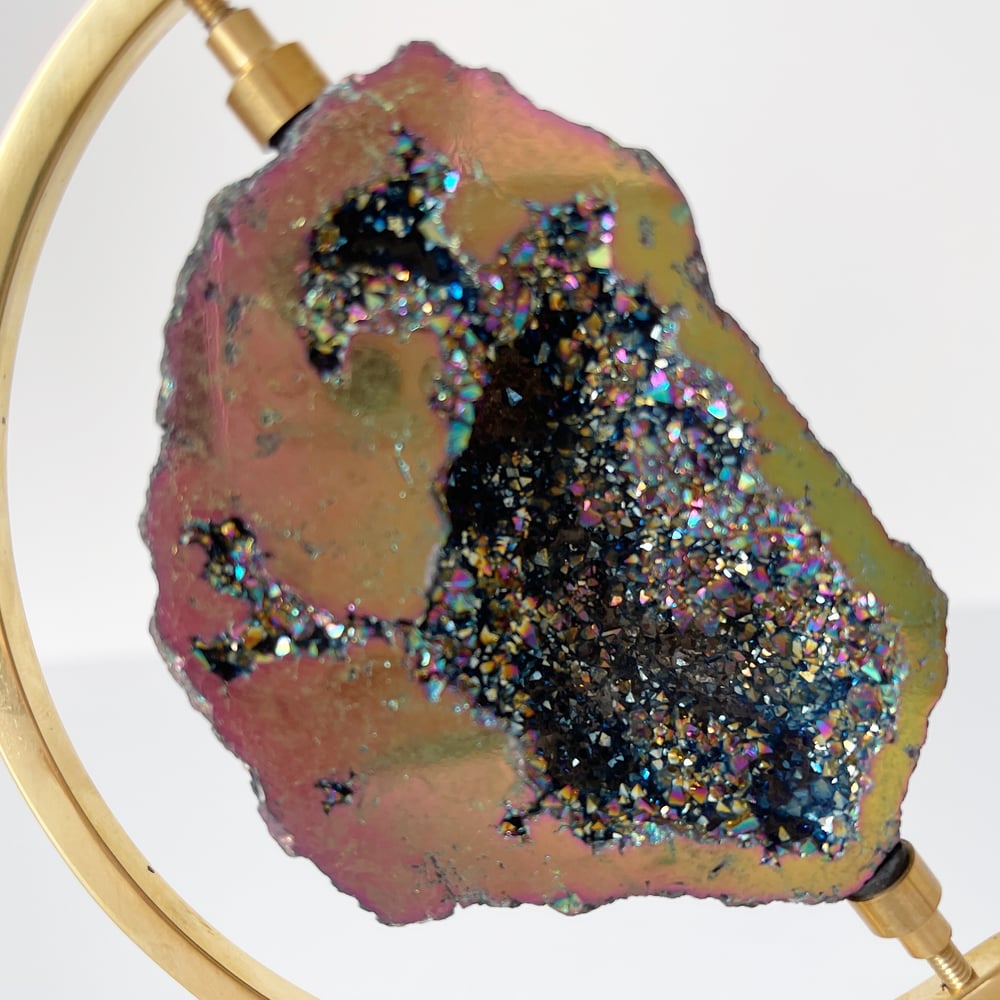 Image of Titanium Coated Calcite no.165 + Brass Arc Stand